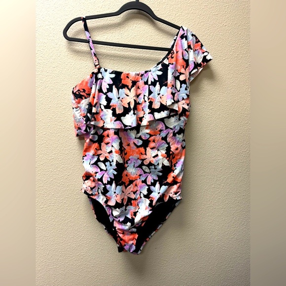 Time and Tru Floral One Piece Swimsuit - Black, Pink, Orange size XL - Picture 1 of 6